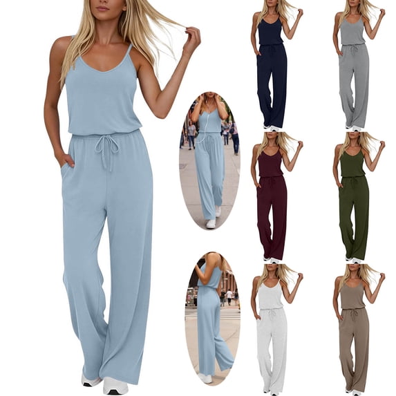 Frostluinai Jumpsuits for Women Summer Blouson Sleeveless Wide Leg Rompers Long Pants Beach Vacation Cruise One Piece Outfits with Pocket