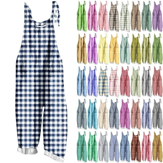 Frostluinai Jumpsuits for Women Summer Sleeveless Adjustable Straps Linen Overalls Casual Plaid Print Jumpers Plus Size Baggy Rompers with Pocket