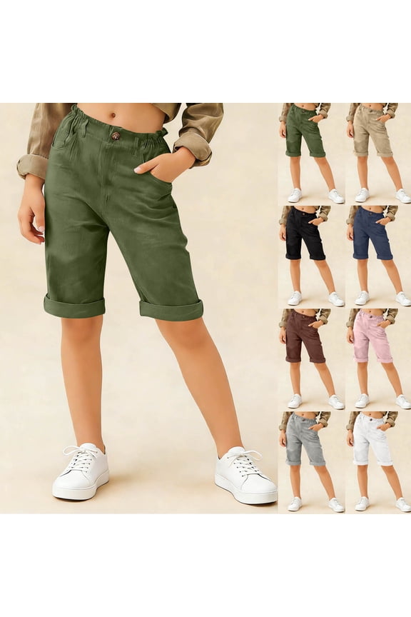 Kids Linen Shorts 5-16Y Elastic Waist Cuff Bermuda Shorts Solid Lounge Shorts Lightweight Beach Travel Shorts with Pocket