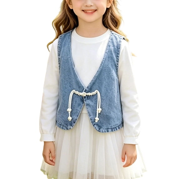 Frostluinai Kids V Neck Sleeveless Denim Vest Chinese Knot Button Vintage Jacket for Fall Ages 18 Months to 14 Years