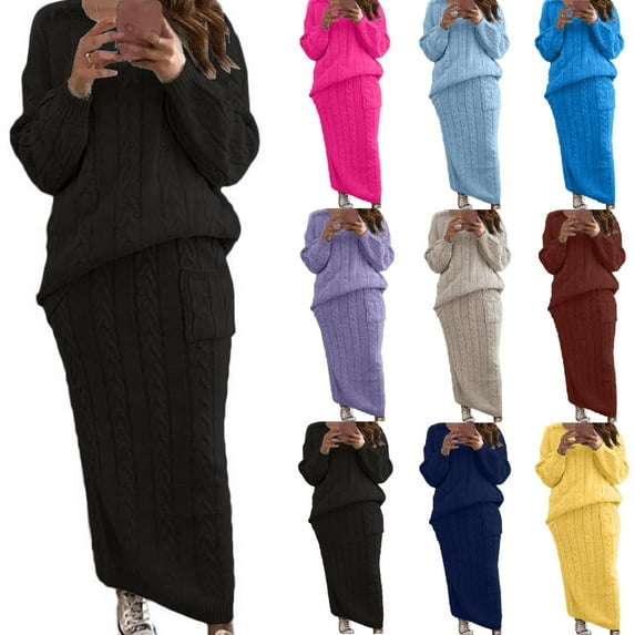 Frostluinai Knit Sets Two Piece Women Cable Knit Long Sleeve Pullover Chunky Long Skirts Solid Fall Lounge Sweater Sets with Pockets