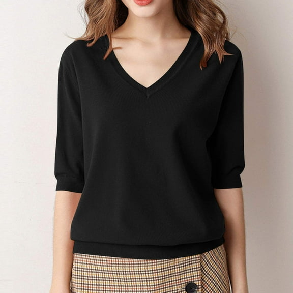 Frostluinai Knit Tops for Women Half Sleeve V Neck Lounge Shirts Solid Color Loose Fit Blouses Elegant Summer T Shirts Gifts for Women