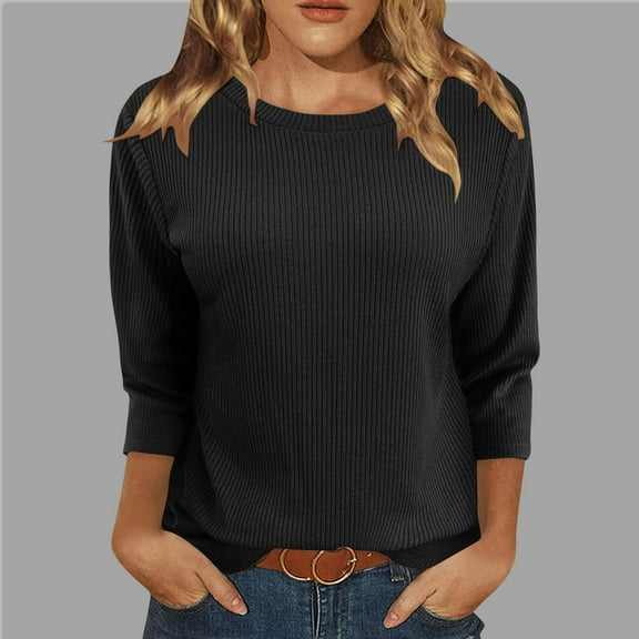 Frostluinai Knit Tops for Women Ribbed 3/4 Length Sleeve Basic Crew Neck Shirts Comfy T Shirts Solid Casual Tees Soft Going Out Blouses