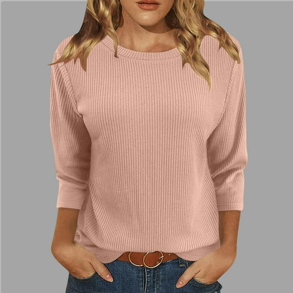 Frostluinai Knit Tops for Women Ribbed 3/4 Length Sleeve Basic Crew Neck Shirts Comfy T Shirts Solid Casual Tees Soft Going Out Blouses