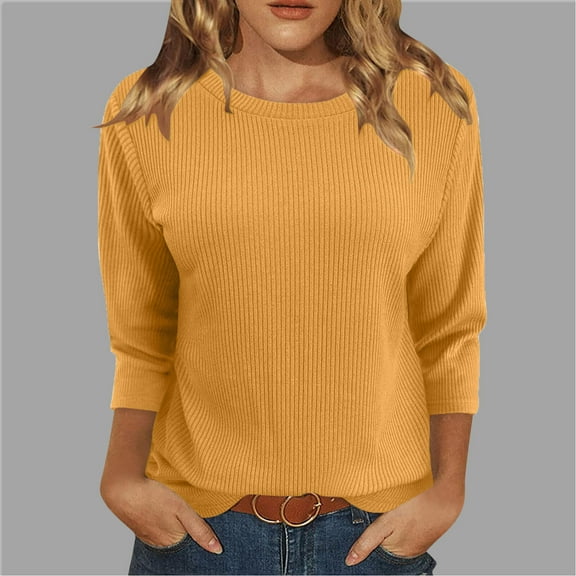 Frostluinai Knit Tops for Women Ribbed 3/4 Length Sleeve Basic Crew Neck Shirts Comfy T Shirts Solid Casual Tees Soft Going Out Blouses