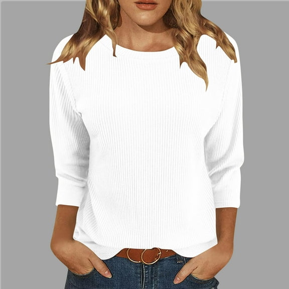 Frostluinai Knit Tops for Women Ribbed 3/4 Length Sleeve Basic Crew Neck Shirts Comfy T Shirts Solid Casual Tees Soft Going Out Blouses