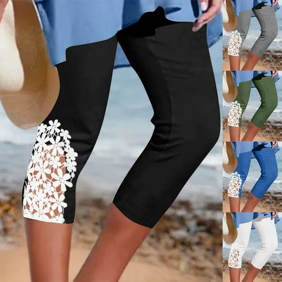 Frostluinai Lace Capris Pants for Women High Waist Stretchy Yoga Gym Leggings Solid Slim Fit Beach Capris Summer Leggings for Women
