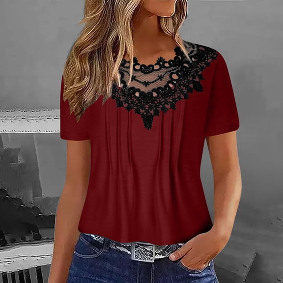 Frostluinai Lace Tops for Women Short Sleeve Casual Shirts Elegant Pleated T Shirts Summer Hollow Out Tunic Shirts Basic Solid Color Blouses