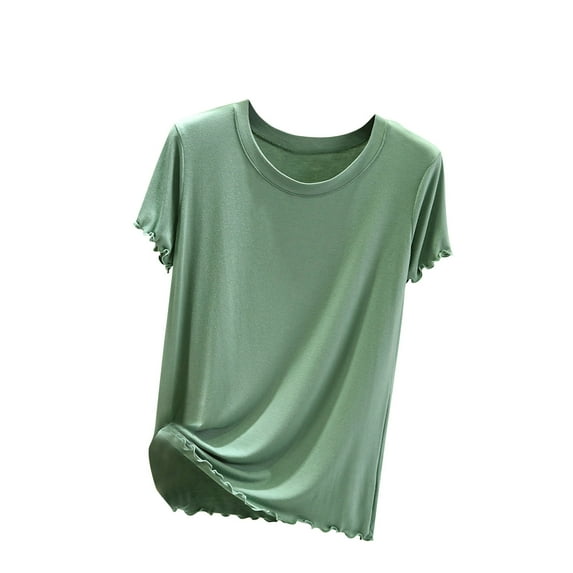 Frostluinai Lettuce Trim Tops for Women Round Neck Short Sleeve T Shirts Solid Color Lounge Shirts Loose Fit Summer Tees Comzy Loungewear