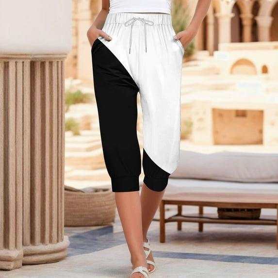 Frostluinai Lightweight Capris for Women Casual Color Block Pants High Waisted Drawstring Capris with Pockets Lounge Workout Jogger Pants