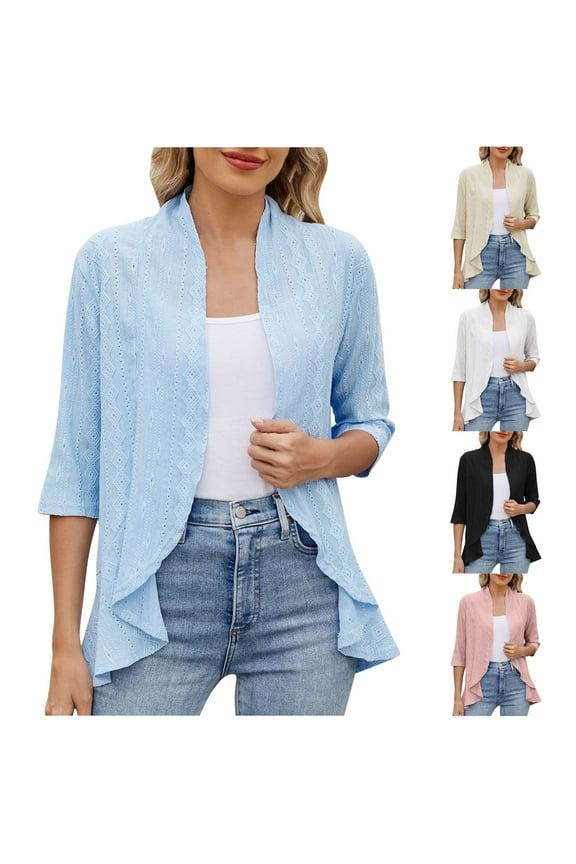 Lightweight Cardigans for Women 3/4 Sleeve Ruffle Draped Cardigans Open Front Solid Jacket Coats Casual Vacation Cardigans