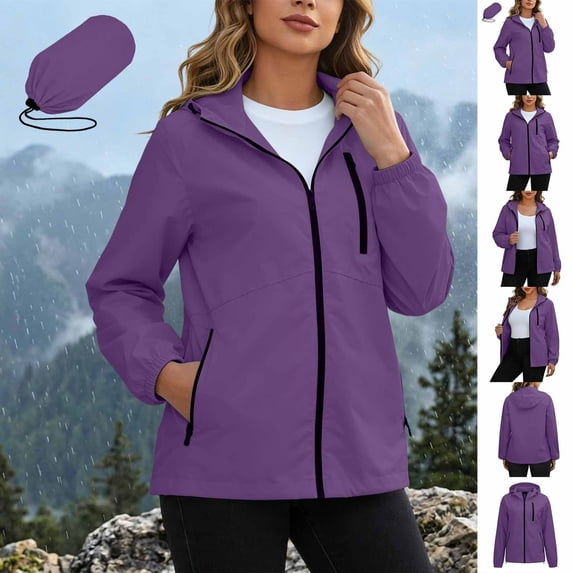 Frostluinai Lightweight Rain Jacket Women Packable Wind Breaker Light Rain Jacket Hooded Outerwear Waterproof Travel Raincoat with Hidden Pockets S-XXL