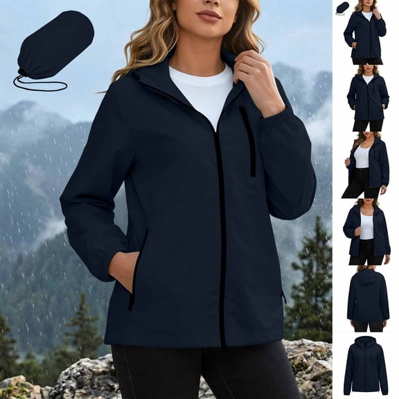 Frostluinai Lightweight Rain Jacket Women Packable Wind Breaker Light Rain Jacket Hooded Outerwear Waterproof Travel Raincoat with Hidden Pockets S-XXL