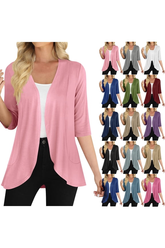 Lightweight Summer Cardigan for Women Solid Ruffle 3/4 Sleeve Kimono Cover Ups Open Front Draped Lounge Cardigans