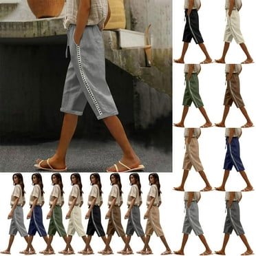 Frostluinai Linen Capri Pants for Women High Waist Drawstring Knee Length Pants Lace Casual Capris Solid Color Baggy Beach Capris with Pocket