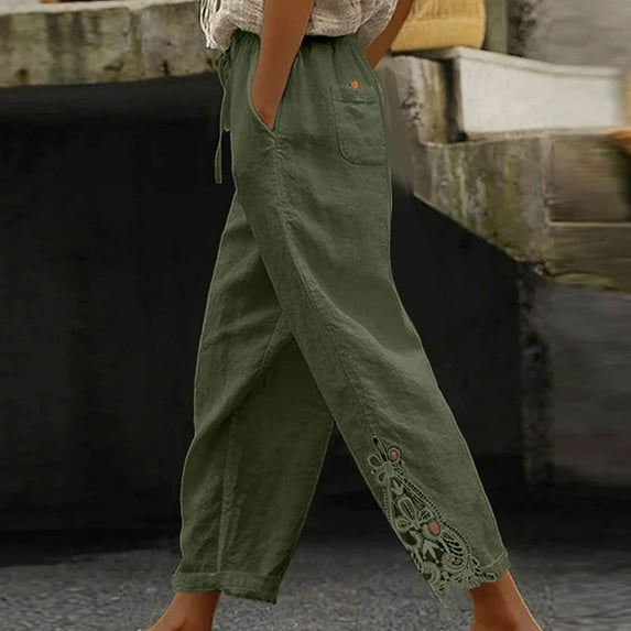 Frostluinai Linen Capris for Women Drawstring High Elastic Waisted Lace Harem Pants Wide Leg Solid Color Lounge Cropped Pants with Pockets