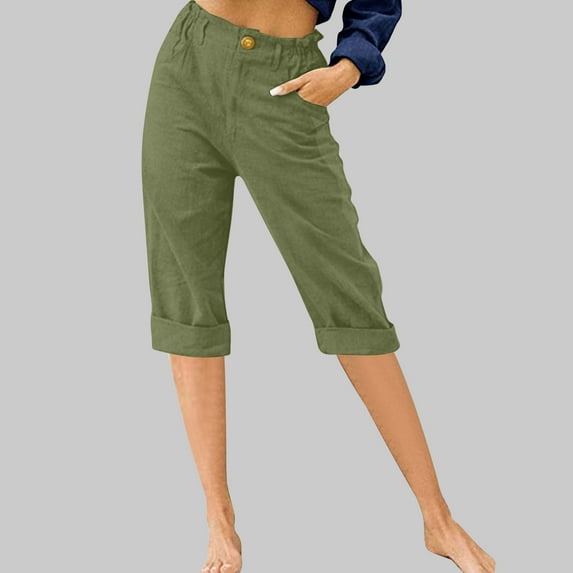 Frostluinai Linen Capris for Women Elastic Waist Knee Length Pants Baggy Rolled Cuffed Straight Leg Capris Solid Vintage Beach Pants with Pocket