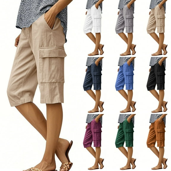 Frostluinai Linen Cargo Shorts for Women High Waist Baggy Knee Length Shorts Solid Casual Jogger Shorts Summer Hiking Shorts with Pocket