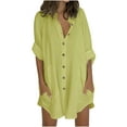 thumbnail image 1 of Frostluinai Linen Dress For Women Summer Plus Size Dress Shirt Dress Short Mini Dress 3/4 Sleeve Solid Color Patchwork Shirt, 1 of 5