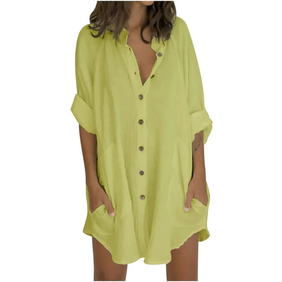 Frostluinai Linen Dress For Women Summer Plus Size Dress Shirt Dress Short Mini Dress 3/4 Sleeve Solid Color Patchwork Shirt