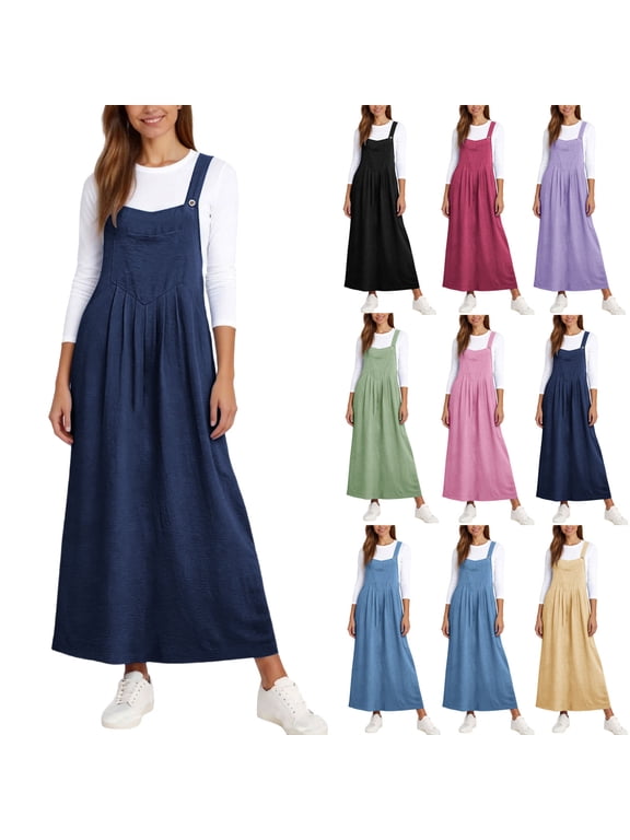 Linen Dress Overalls for Women Pleated Adjustable Strap Bib Jumper Solid Maxi Dress with Pockets Vacation Summer Dresses