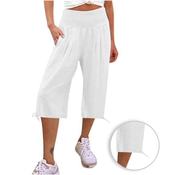 Frostluinai Linen Pants Women Cotton Elastic High Waisted Wide Leg Trousers Lightweight Casual Straight Leg Capris Pants Flowy Capris