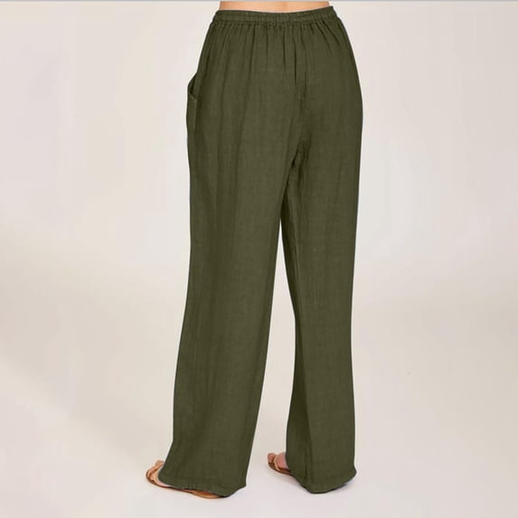 Frostluinai Linen Pants Women Wide Leg Drawstring Elastic Waisted Casual Pants Plus Size Solid Color Straight Leg Pants Loose Trouser with Pocket