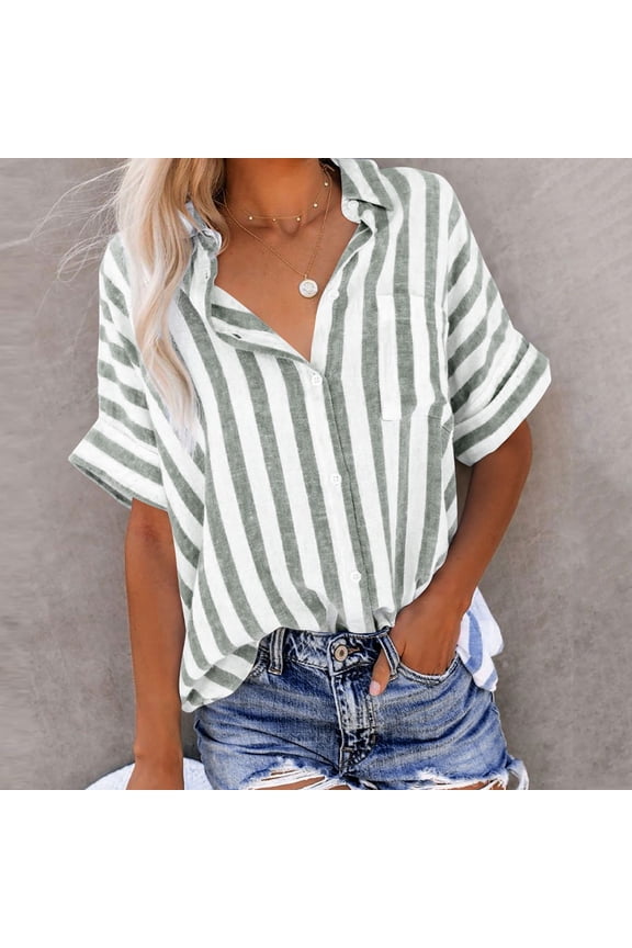 Linen Shirts for Women Button Down Shirts Lapel Collar Short Sleeve T Shirts Casual Striped Tops Loose Fit Work Blouses Tees