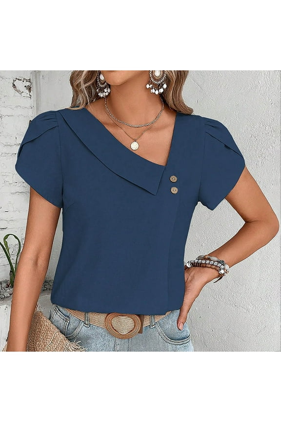 Linen Shirts for Women Petal Sleeve Tunic Tops Oblique V Neck Lounge T Shirts Solid Color Holiday Blouses Comzy Tees Gifts for Women