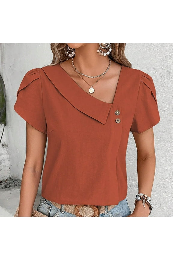 Linen Shirts for Women Petal Sleeve Tunic Tops Oblique V Neck Lounge T Shirts Solid Color Holiday Blouses Comzy Tees Gifts for Women