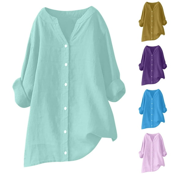Frostluinai Linen Shirts for Women Plus Size Solid Button Up Henley Shirts Long Sleeve Roll Up T Shirts Loose Fit Blouses