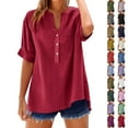 thumbnail image 1 of Frostluinai Linen Shirts for Women Rolled Sleeve V Neck T Shirts Solid Color Lounge Tops Loose Fit Tees Light Weight Summer Tshirts Gifts for Women, 1 of 4