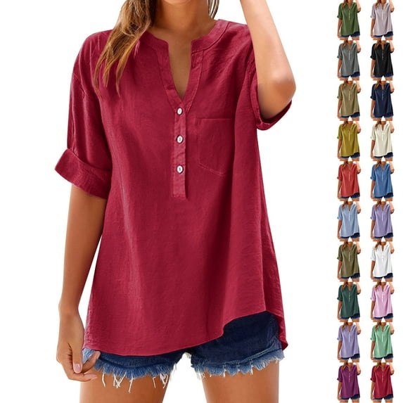 Frostluinai Linen Shirts for Women Rolled Sleeve V Neck T Shirts Solid Color Lounge Tops Loose Fit Tees Light Weight Summer Tshirts Gifts for Women