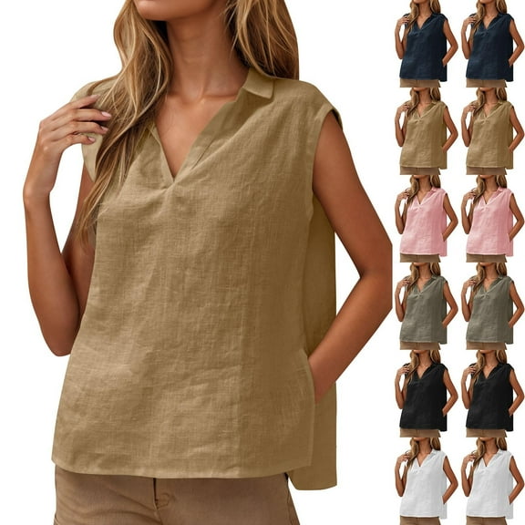 Frostluinai Linen Shirts for Women V Neck Collar Sleeveless Tank Tops Basic Solid Lounge Tshirts Casual Split Hem Tanks for Summer