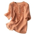 thumbnail image 1 of Frostluinai Linen Tops for Women 3/4 Sleeve Floral Embroidery T Shirts Button Up Henley Shirts Casual Loose Blouses Solid Cotton Linen Shirts, 1 of 5