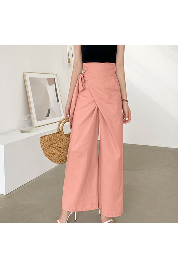 Linen Trousers for Women High Waist Wrap Palazzo Pants Casual Dressy Work Wide Leg Pants Basic Solid Color Tie Tourses with Pocket