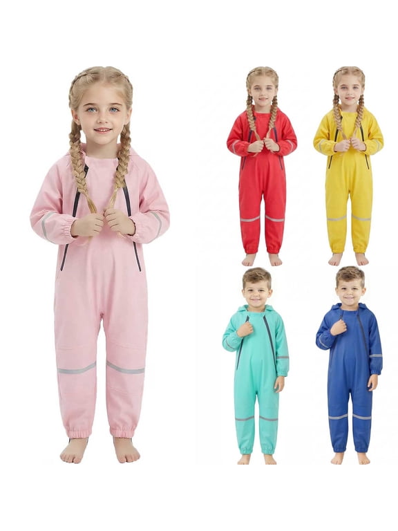 Little Boys Toddler Girls One Piece Rain Suit Full Body Waterproof Coverall with Dual Zippers Reflective Strip for Toddlers 1-8 Years