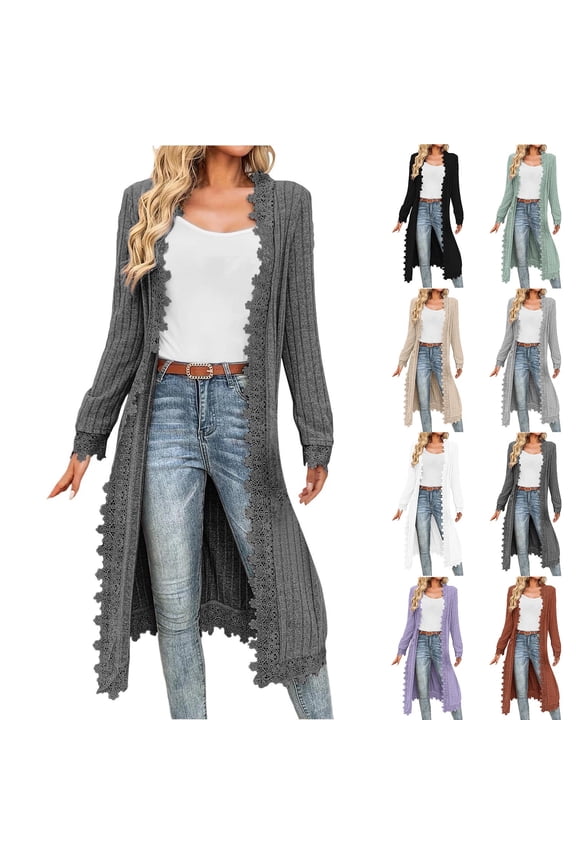 Long Cardigans for Women Open Front Rinned Knit Sweater Cardigans Long Sleeve Lace Trim Lightweight Cardigans Fall Outwear
