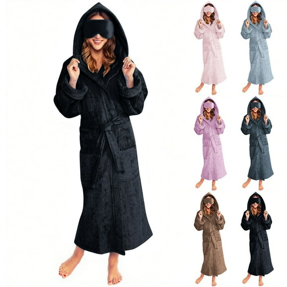 Frostluinai Long Hooded Robe for Women Flannel Fleece Full Length Bathrobe Winter Warm Pajamas Shower Nightgown with Eye Mask Pocket