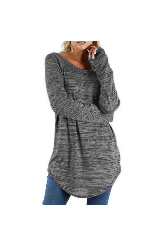 Long Sleeve Shirts for Women Crew Neck Tunic Tops Casual Curved Hem T Shirts Plus Size Solid Colr Blouses Gifts for Women