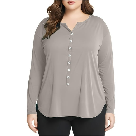 Frostluinai Long Sleeve Shirts for Women Plus Size Button Up Henley Shirts Solid Color Lounge Tunic Tops Loose Fit Tees Soft Blouses Gifts