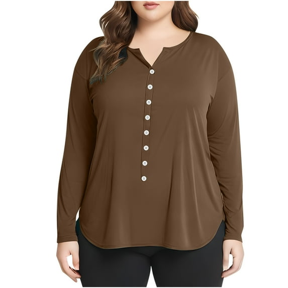 Frostluinai Long Sleeve Shirts for Women Plus Size Button Up Henley Shirts Solid Color Lounge Tunic Tops Loose Fit Tees Soft Blouses Gifts
