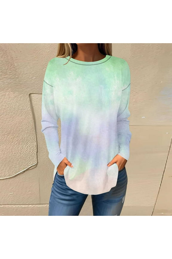 Long Sleeve Tops for Women Fashion Tie Dye Tunic Shirts Round Neck Fall T Shirts Lounge Curved Hem Pullover Plus Size Lightweight Blouses