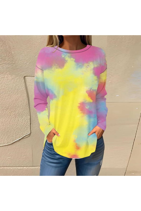Long Sleeve Tops for Women Fashion Tie Dye Tunic Shirts Round Neck Fall T Shirts Lounge Curved Hem Pullover Plus Size Lightweight Blouses