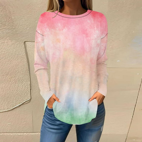 Frostluinai Long Sleeve Tops for Women Fashion Tie Dye Tunic Shirts Round Neck Fall T Shirts Lounge Curved Hem Pullover Plus Size Lightweight Blouses