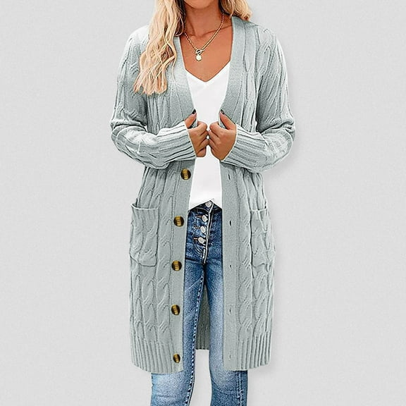Frostluinai Long Sweater Cardigans for Women Button Down V Neck Cardigan Jackets Long Sleeve Cable Knit Sweaters Coats Solid Casual Sweaters with Pocket