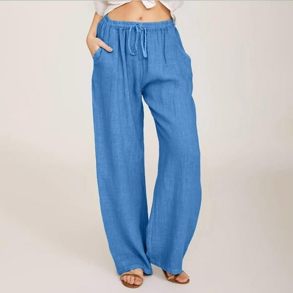 Frostluinai Lounge Pants for Women Cotton Linen Wide Leg Pants High Waist Drawstring Baggy Pants Solid Straight Leg Trousers with Pocket