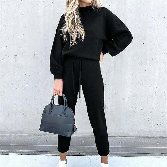 Frostluinai Lounge Sets for Women 2 Piece Long Sleeve Drop Shoulder Pulover Draswtring Jogger Pants Solid Color Workout Sets with Pocket