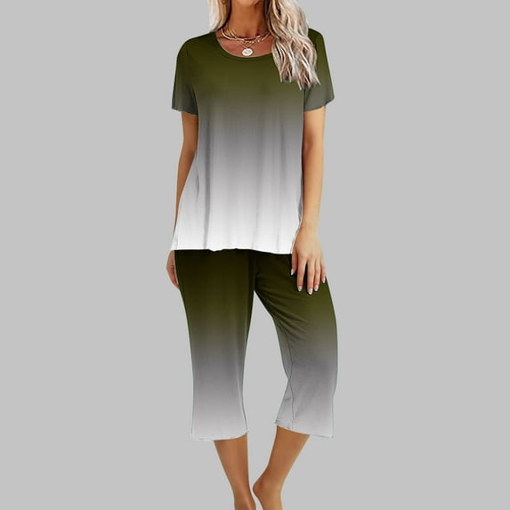Frostluinai Lounge Sets for Women Gradient Tracksuits Two Piece Short Sleeve Shirts Baggy Wide Leg Capris Lightweight Sweatsuits with Pocket