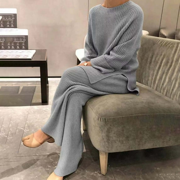Frostluinai Lounge Sets for Women Ribbed Knit Loungewear 2 Piece Long Sleeve Split Pullover Wide Leg Pants Solid Comzy knit Sweaters Sets